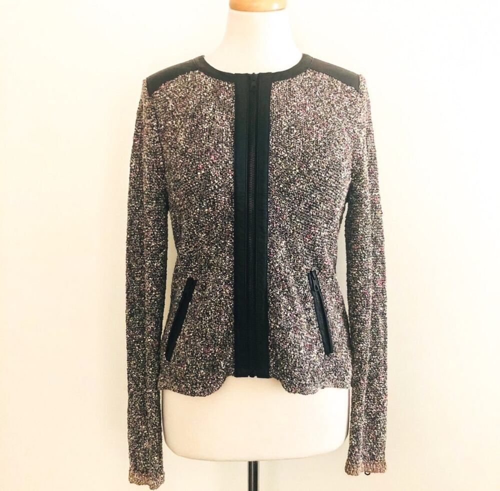 Rag & Bone Lori Tweed Zip Leather Trim Moto Jacket - M